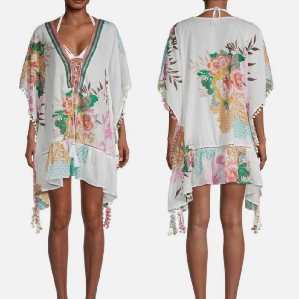 Z&L Europe Floral Print Airy 100% Cotton Pom-Pom Caftan Swim Cover Up OS - Picture 3 of 12